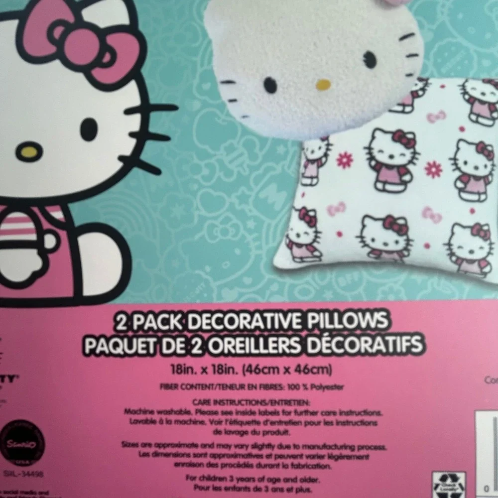 Hello Kitty Bed Pillows 2 Pack Plush Soft Furry Pillows Pink‎ White Large 18x18